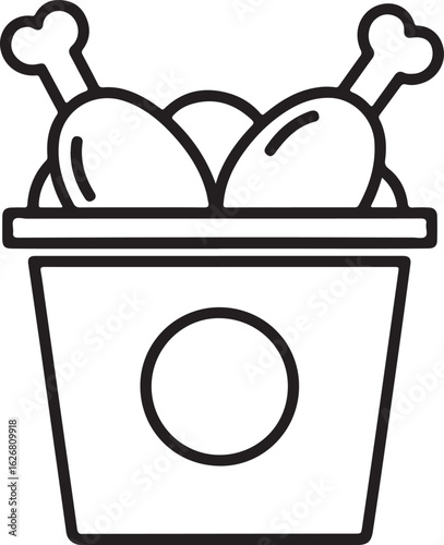 Minimalist Line Art Depiction of a Bucket Filled with Fried Chicken, Featuring Circular Design Element on the Container