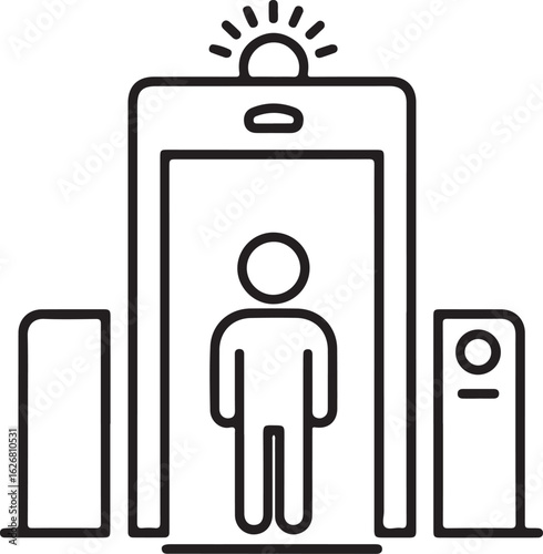 Security Checkpoint Illustration Depicting a Person Walking Through a Metal Detector with Additional Security Devices on Each Side