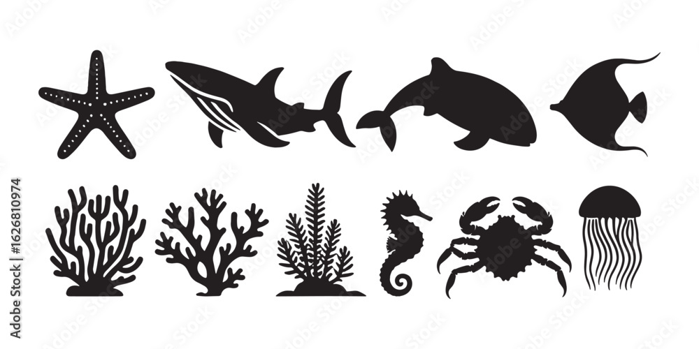 Fototapeta premium Black Silhouettes of Ocean and Marine Life: Stingray, Seahorse, Turtle, Shark, Coral & More