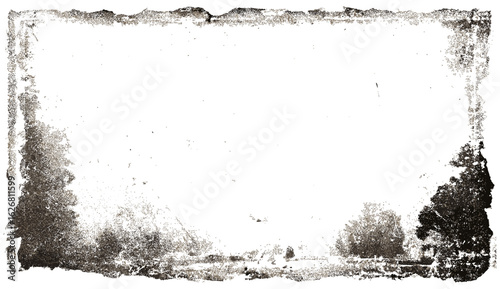 Grunge distressed vignette edge overlay with worn vintage old photograph texture, eroded faded scratches and dust effect on transparent background, dirt marks, retro style frame layer