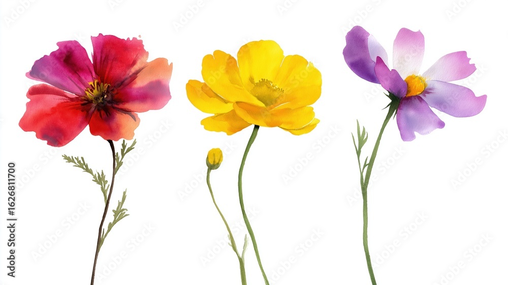 Fototapeta premium Vibrant Watercolor Flowers in Red, Yellow and Purple with Delicate Stems and Soft Petals