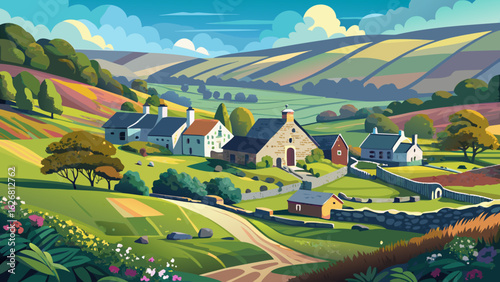 Gunnerside Village meadows and barns, in Swaledale one of the most northerly dales in the Yorkshire Dales National Park, famous for its wildflower meadows and field 