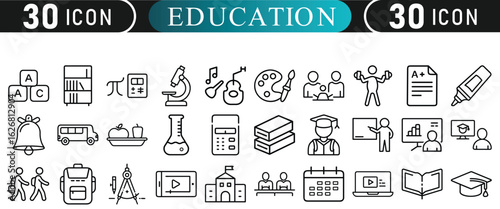 Minimal Education Icons – 30 Outline Style Academic Symbols

