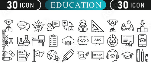 Education & Study Icon Set – 30 Flat Outline Line-Art School Icons

