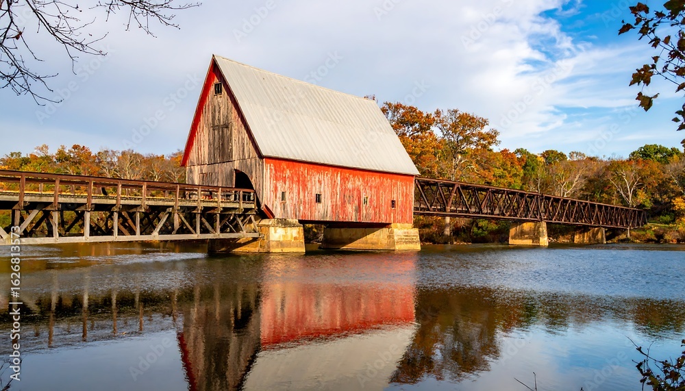 Obraz premium Rustic red barn reflects on tranquil river