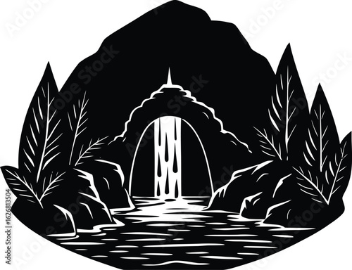 Cave With Waterfall Entry Silhouette | Waterfall at Cave Entrance Silhouette