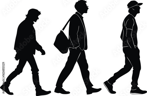 Silhouettes of Men Walking Side View Vector Illustration,Set of silhouettes of people walking side view,Silhouettes of business people walking,men full length front, side, back view,office staff,Ai