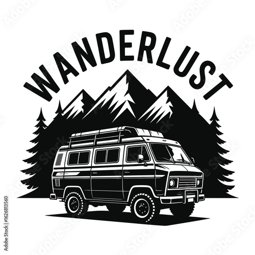 Vintage camper van adventure silhouette with mountains and trees isolated on white background