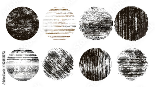 Retro grungy distressed circle shapes collection with aged hand printed textures. Linocut vector rough worn scuffed artistic backgrounds. Grunge badge stamp label templates, vintage design