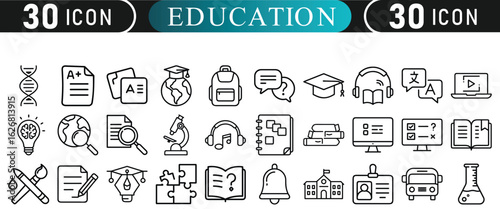 Minimal Outline Education Icons – 30 Academic Vector Elements

