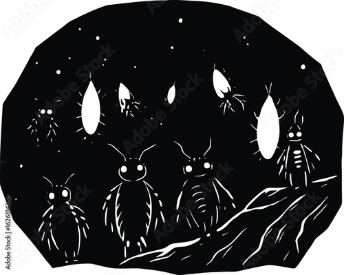 Glowworms in Dark Cave Silhouette | Glowing Insects in Grotto Silhouette