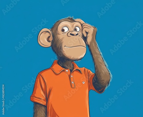 Pensive chimp in polo shirt, blue backdrop, thinking.  Problem-solving illustration