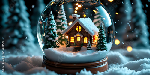  Cozy Illuminated Log Cabin in Snow Globe Amid Snow-Covered Forest
