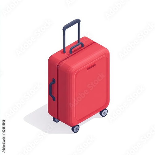 Red suitcase, isometric view, travel prep, white background, vacation planning