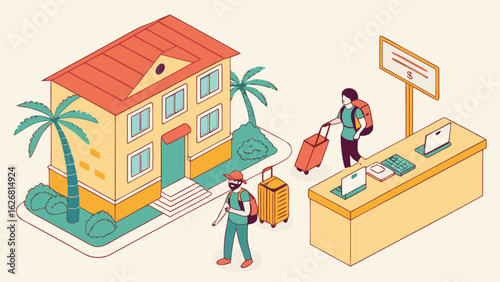 Isometric hotel scene with travelers arriving with luggage and a reception desk area for check in created with generated ai