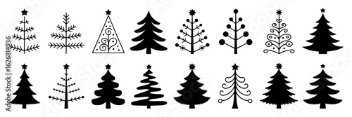 Christmas tree collection - hand-drawn and silhouette illustrations. Festive design elements, simple line art, decorative Xmas trees with stars. Vector graphic set, black and white holiday icons, seas