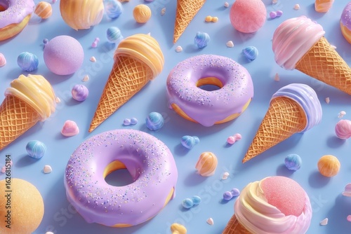 Pastel Treats Ice Cream, Donuts, and Candy on Blue