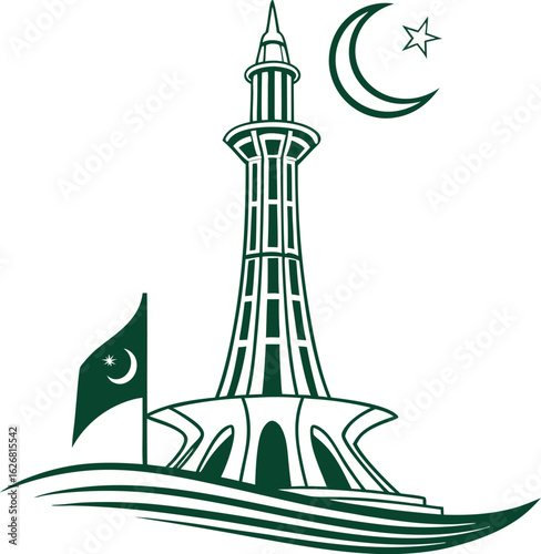 Abstract Minar-e-Pakistan Icon with Crescent Moon