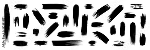 Hand-drawn black brush stroke collection. Set of thick marker pen, ink brush, or paintbrush strokes, lines, and scribbles isolated on white. Grunge design elements. Vector illustration.