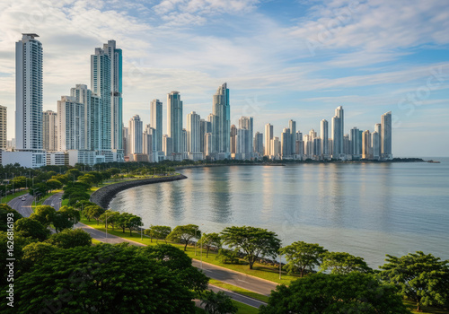 Panoramic view of Panama City skyline, modern skyscrapers lining a calm bay, lush greenery along the waterfront.