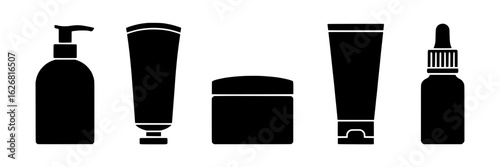 Cosmetic product vector icon set. Black silhouettes of pump bottle, cream tube, jar, and dropper bottle. Beauty, skincare, and toiletry icons. Simple, minimalist design for packaging, labels, or web g