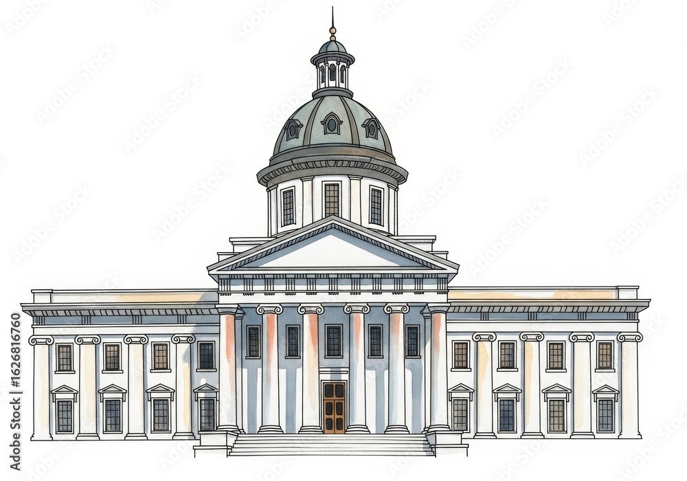 Obraz premium Grand Civic Building Illustration - A detailed illustration of a majestic civic building, showcasing classical architecture with a prominent dome and columns