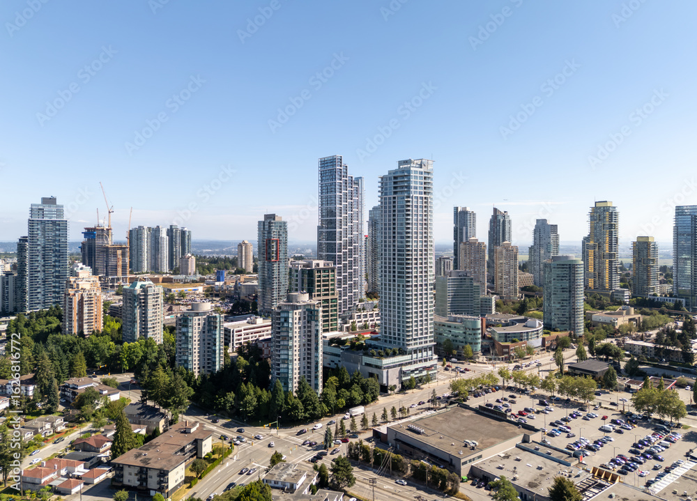 Fototapeta premium Aerial View of Burnaby's Modern Skyline in Greater Vancouver, BC, Canada