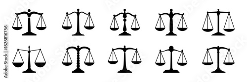 Set of ten black and white vector scale of justice icons. Legal, law, and court symbols in various styles. Monochrome vector illustration collection for justice, balance, and equality concepts.