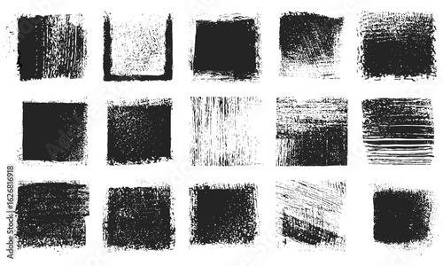 Collection of grungy linocut and relief printing textures. Rough inked rectangles and squares with paint roller stains. Artistic grunge background set, stamped textured frames, vintage print design