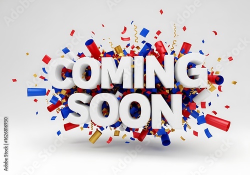 Vibrant 'Coming Soon' 3D text with dynamic red, blue, and gold confetti explosion for announcements