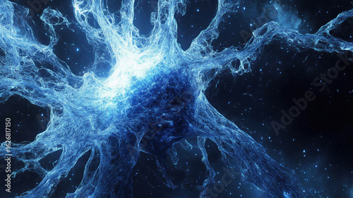 Cosmic blue light nebula with ethereal threads and stars in deep space