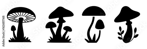 Black and white mushroom silhouette collection. Vector illustration set of various mushroom shapes, stems, gills, and foliage. Simple, monochrome fungi icons for nature, autumn, or foraging designs. G