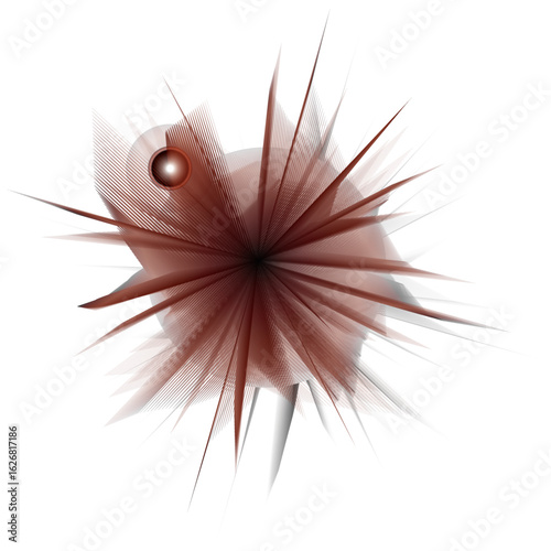 A digital energy burst with spiked tendrils and a glowing nucleus, radiating in dark red tones over a white background

