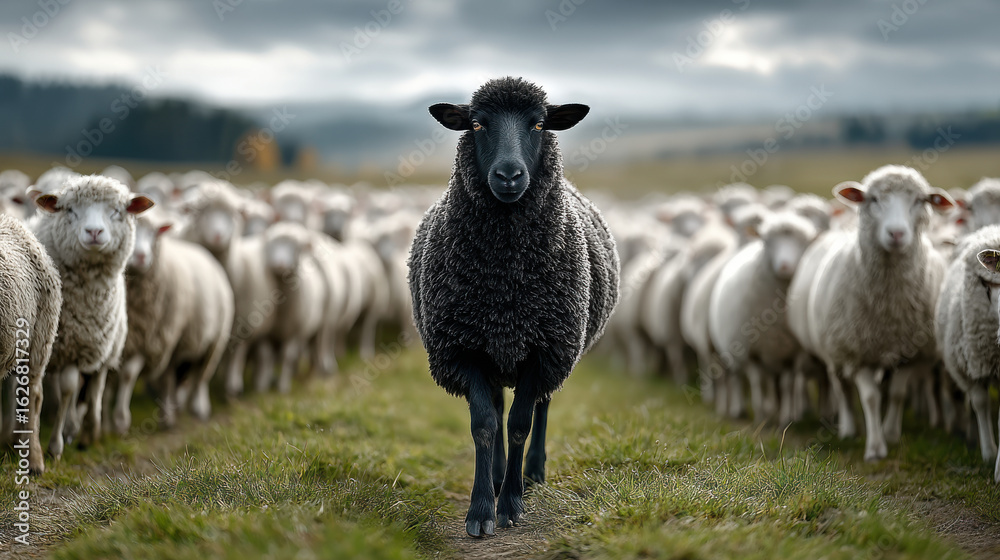 Fototapeta premium Unique black sheep leading flock on overcast day in lush green meadow surrounded by white sheep under dramatic sky