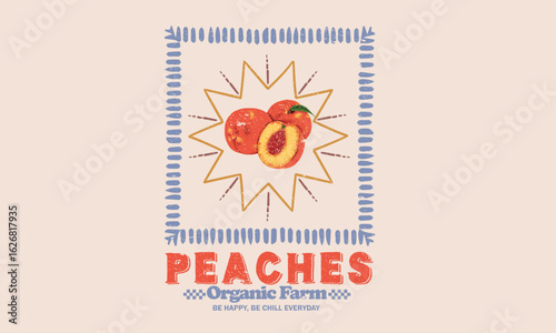 Fruit vintage t-shirt design. Peach art. Summer food poster design. Peach fruit set. Fresh fruit print. Nature fruit club print design.