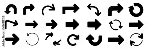 Set of vector black arrows. Collection of various arrow icons: right, left, up, down, curved, straight, double, circular, refresh, and reload symbols. Design elements for navigation, direction, and we