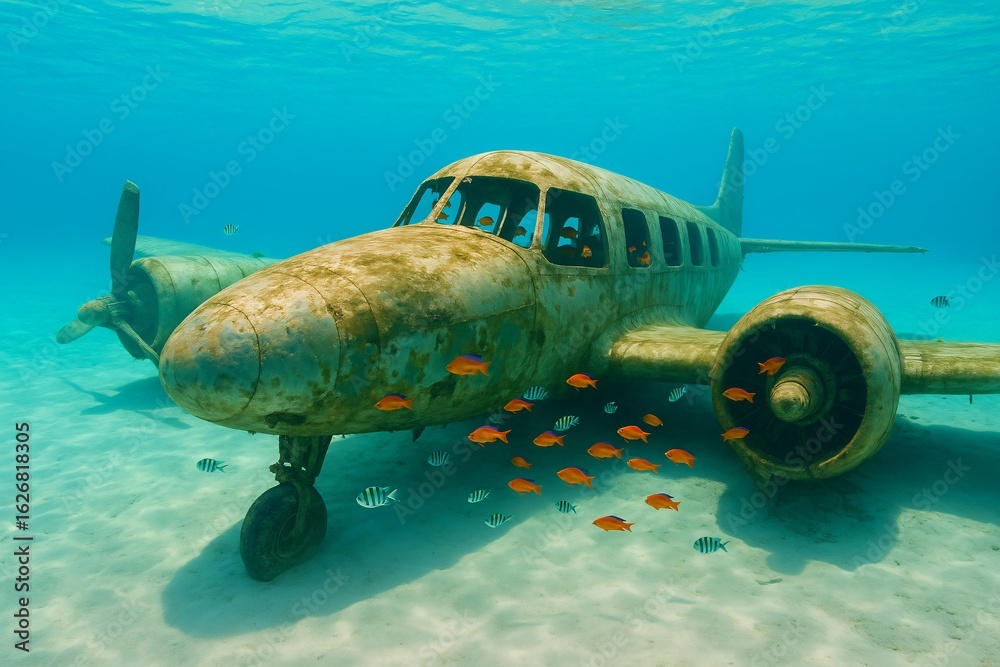 Naklejka premium Colorful fish swimming around sunken airplane on ocean floor