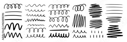 Hand-drawn doodle line collection. Set of marker pen scribbles, wavy lines, zigzags, swirls, spirals, underlines, dashes and sketched shapes. Black ink vector illustration isolated on white - design e