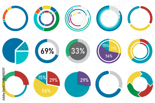 Set of colorful circle graphs and donut charts in flat style for infographics and presentations. Donut chart pack. Colorful pie graphs. Circle data visualizations. Infographic templates set.