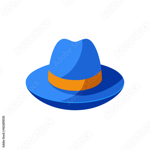 Blue fedora hat with orange band isolated on transparent background