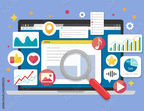 Creative social engagement and data visualization concept with magnifying glass and interactive UI. Digital analysis and media content icons around computer interface, including graphs, likes, and