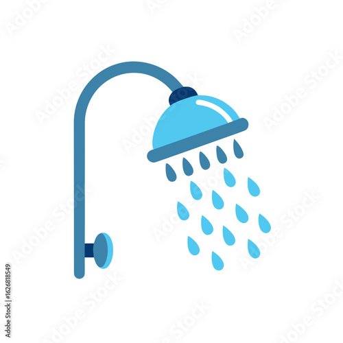 Blue shower head with falling water drops isolated on transparent background