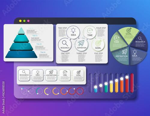 Dashboard-style infographic set with business pyramid chart, circular diagrams, and progress trackers for marketing strategy presentation. Marketing analytics dashboard. Business infographic UI set.
