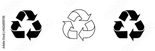 Recycle symbol icon set. Vector illustration of black and white, line art and solid recycling logos. Collection of three variations of universal recycling symbol with arrows. Eco-friendly, sustainable
