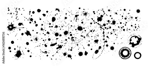 Black ink splatters and circular shapes on white background drops blots