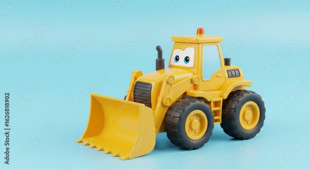 Fototapeta premium Playful Yellow Bulldozer Toy on Blue - Adorable cartoon bulldozer, cheerful expression, vibrant yellow, light blue background, symbolizes joy, construction, playfulness, childhood, and imagination
