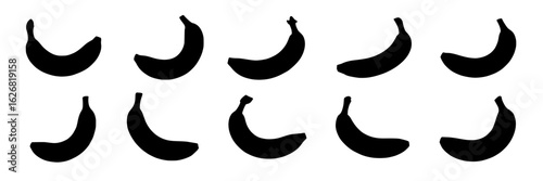 Ten black banana silhouettes arranged in two rows on a white background