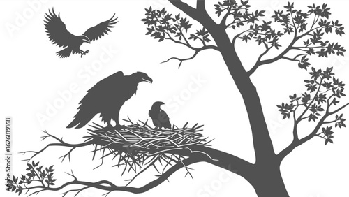 Eagle Family Silhouette – Parents and Eaglet in Nest.