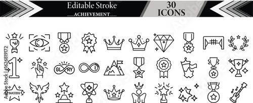 Achievement icon set. Merit Crest, Victory’s Mark, Starlight Victory, Eclipsed Goals, Noble Conquest, Majestic Honor, Paramount Success. editable Vector collection