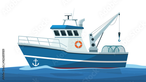  Fishing boat illustration in blue and white with anchor symbol, crane hook, cabin, lifebuoy, and deck gear floating on water